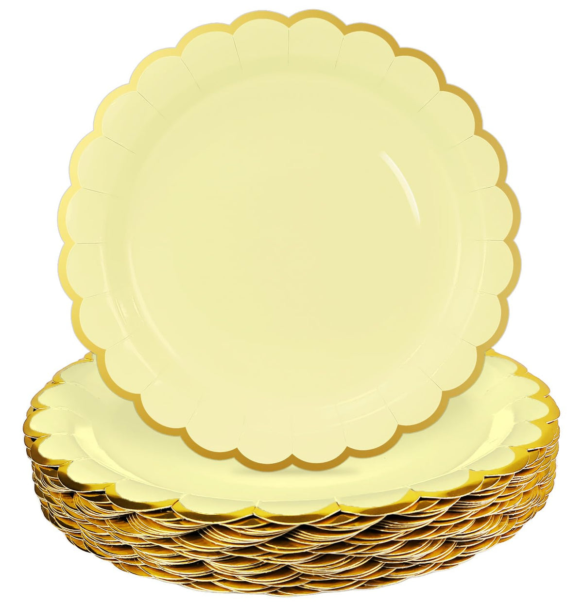HEIPINIUYE 50 Pieces White Paper Plates with Gold Foil 7 Inch Disposable White Scalloped Dinner Plates for Wedding Baby Shower Birthday Party Dessert Plate
