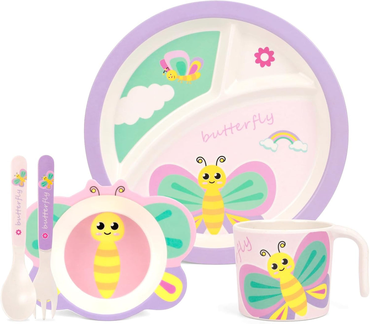 Kids Dinnerware Set, Includes Toddler Plate Bowl Tumbler and Utensils, BPA Free Bamboo Fiber Material Perfect for Little Girls (Purple - Butterfly Theme)