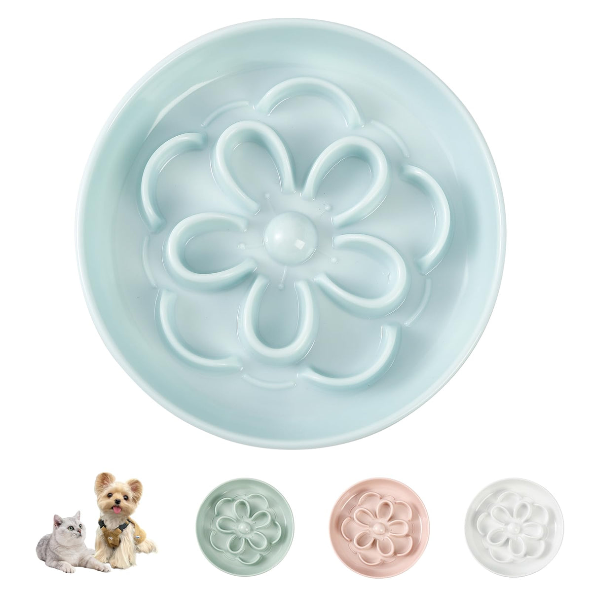 Melamine Cat Slow Feeder Bowl Set - Floral Maze Food Dishes for Cats and Small Dogs - Shallow Wide Plates for Dry & Wet Food - 3 Pack - White & Green & Blue