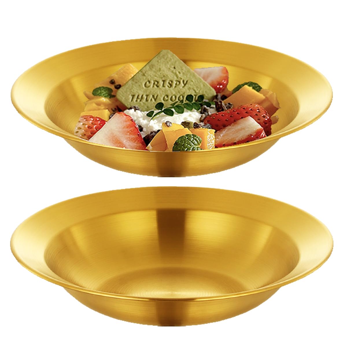 Unbreakable Large Gold Serving Plate Bowl for Party Provide Food - Wide Rim Deep Large Capacity Bowl Plates for Salad Soup Pasta Noodle Fruits Serving Bowls 2 PCS Stainless Steel 14 Inch