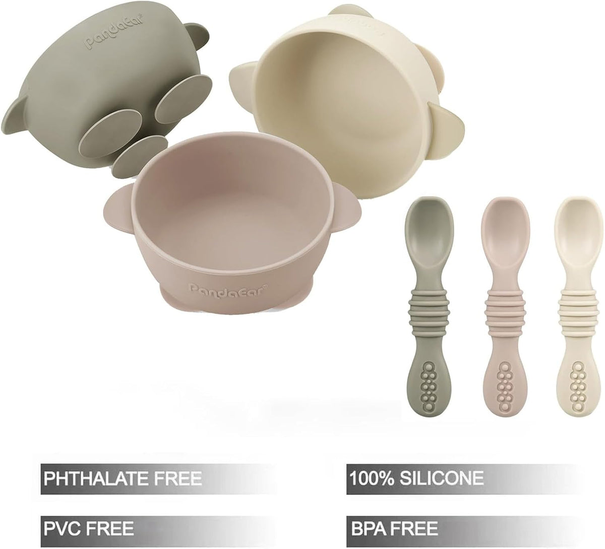 PandaEar 3 Pack Silicone Suction Baby Bowls & 3 Baby Feeding Spoons
