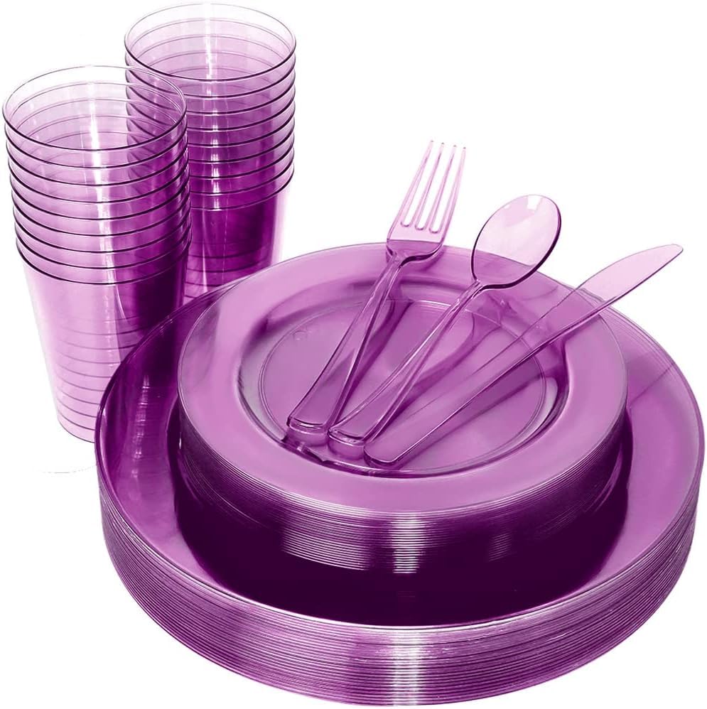 WDF 25 Guest Green Plastic Plates with Disposable Silverware&Green Cups-Neon Clear Plastic Dinnerware include 25 Dinner & Salad Plates,25 Forks, 25 Knives, 25 Spoons,25 Cups for Party
