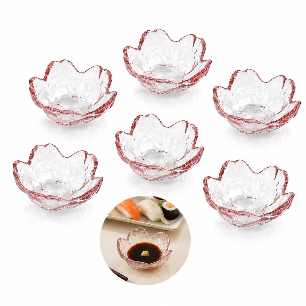 12 Clear Glass Sakura Dipping Bowls, 3.4-Inch Soy Sauce Dishes