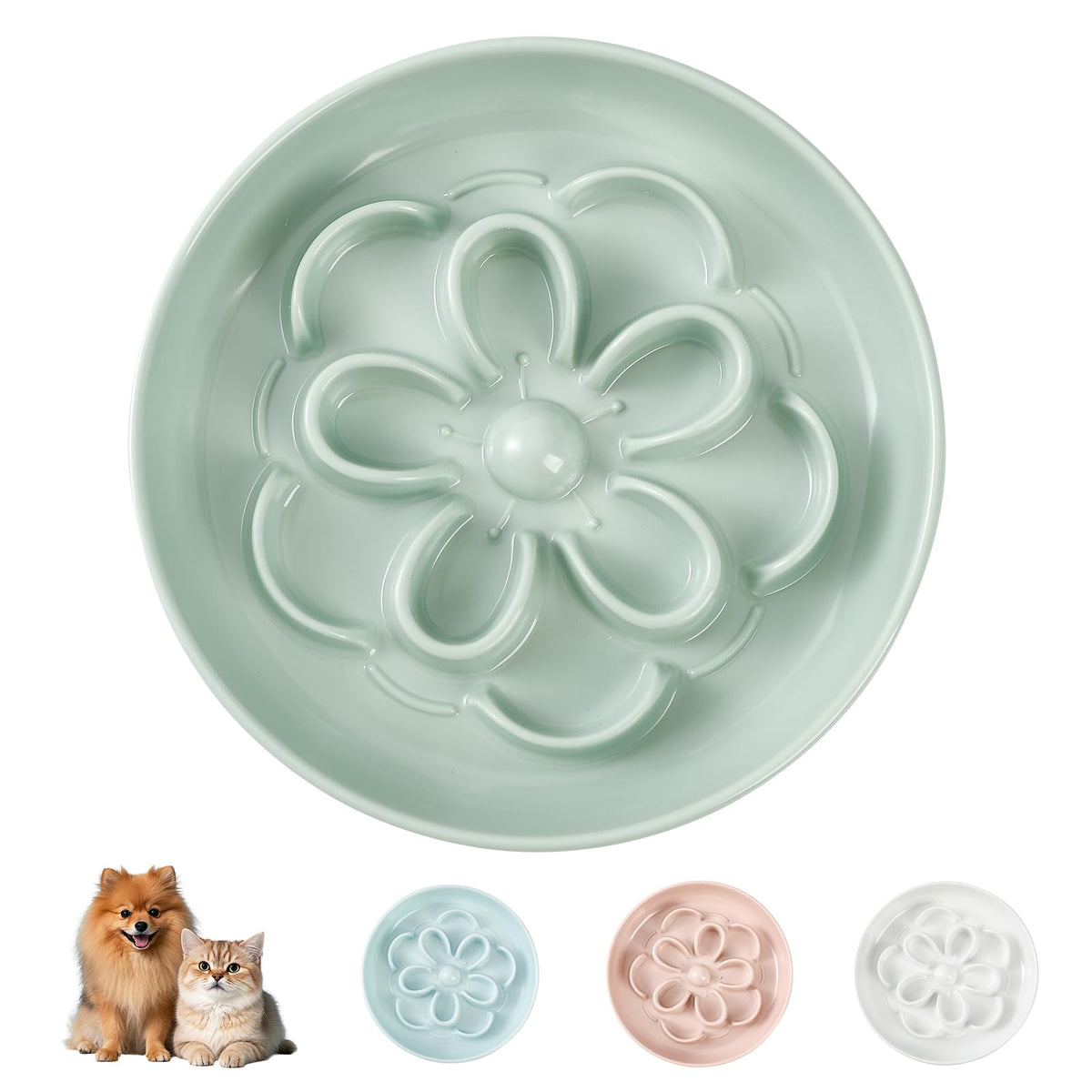 Melamine Cat Slow Feeder Bowl Set - Floral Maze Food Dishes for Cats and Small Dogs - Shallow Wide Plates for Dry & Wet Food - 3 Pack - White & Green & Blue