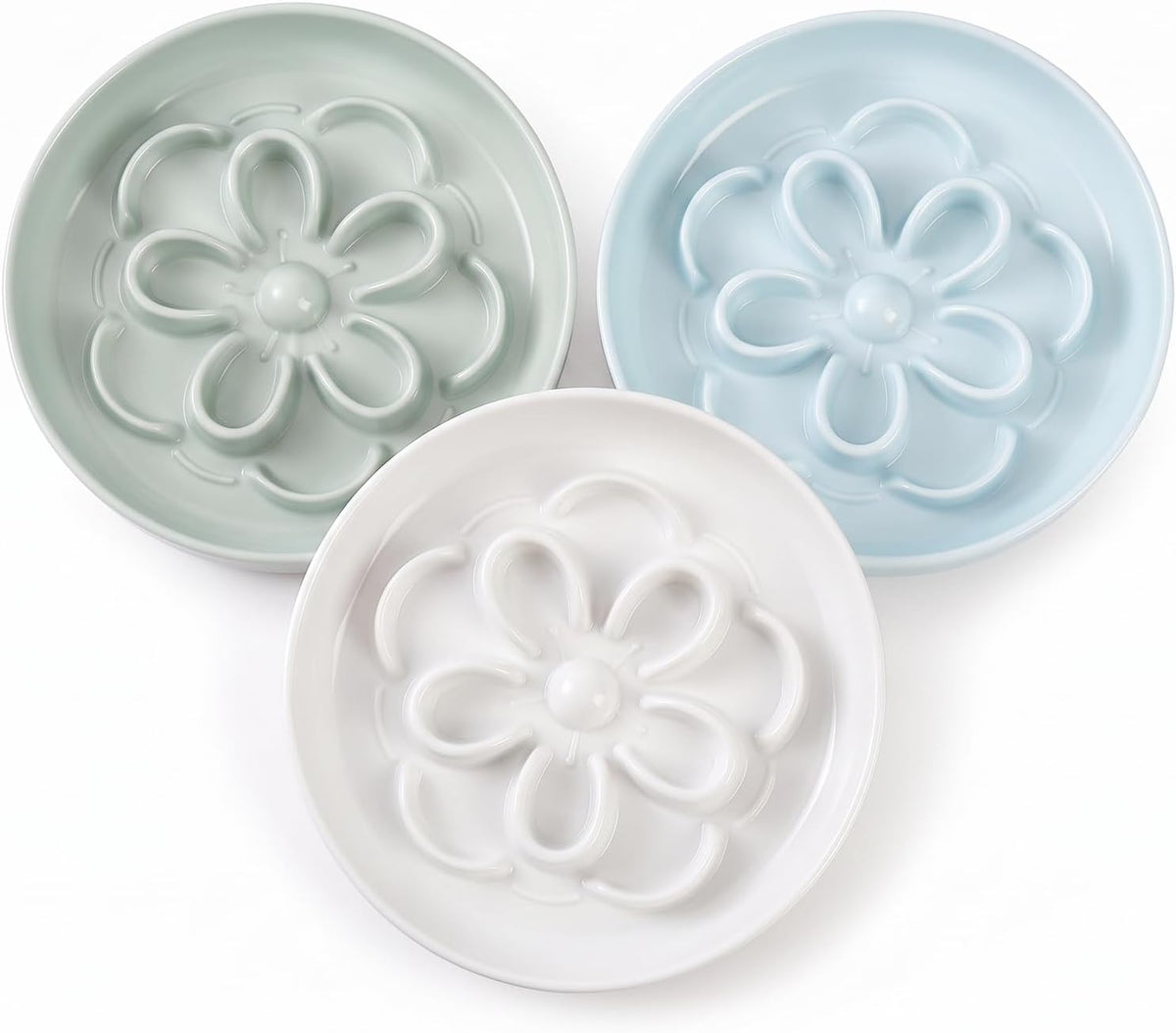 Melamine Cat Slow Feeder Bowl Set - Floral Maze Food Dishes for Cats and Small Dogs - Shallow Wide Plates for Dry & Wet Food - 3 Pack - White & Green & Blue