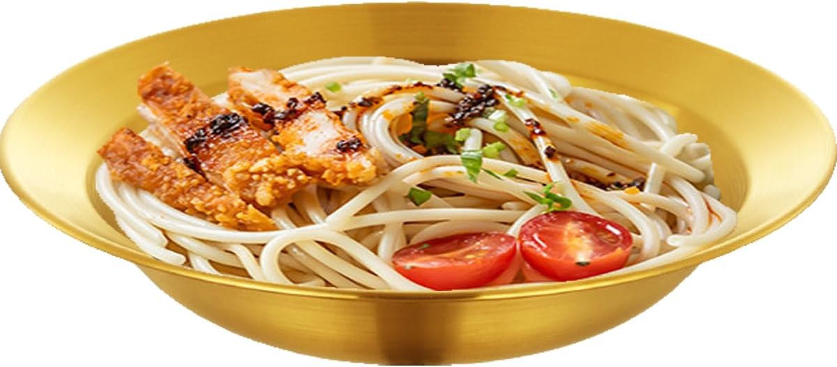 Unbreakable Large Gold Serving Plate Bowl for Party Provide Food - Wide Rim Deep Large Capacity Bowl Plates for Salad Soup Pasta Noodle Fruits Serving Bowls 2 PCS Stainless Steel 14 Inch