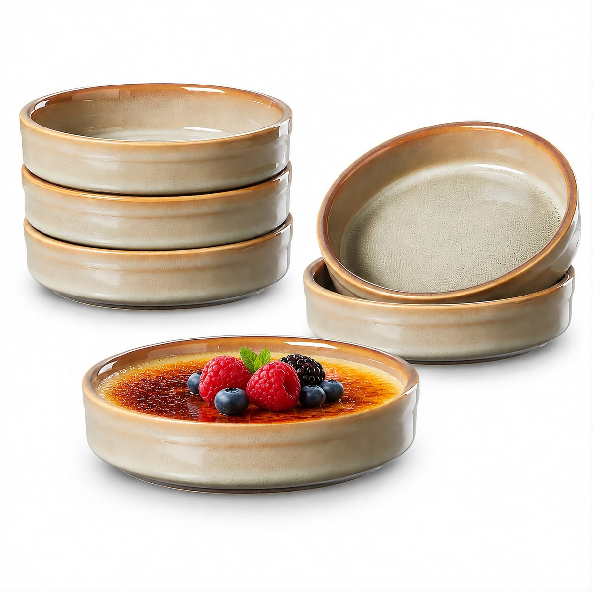 ONEMORE 4 oz Ramekins Oven Safe, Ceramic Ramekins for Creme Brulee, Custard, Pudding, Souffle, Blue Shallow Ramekin Dishes, Small Porcelain Ramekin Set of 6 for Baking & Serving