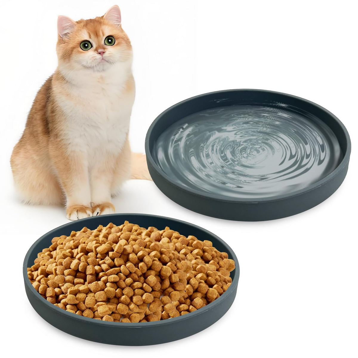 Silicone Cat Food Bowl Shallow Dishes 5.9in Wide Cats Bowls Set of 2 Kitty Plates Relief Whisker Fatigue Puppy Feeding Bowl for Dry Food and Wet Food Indoor (Round Green)