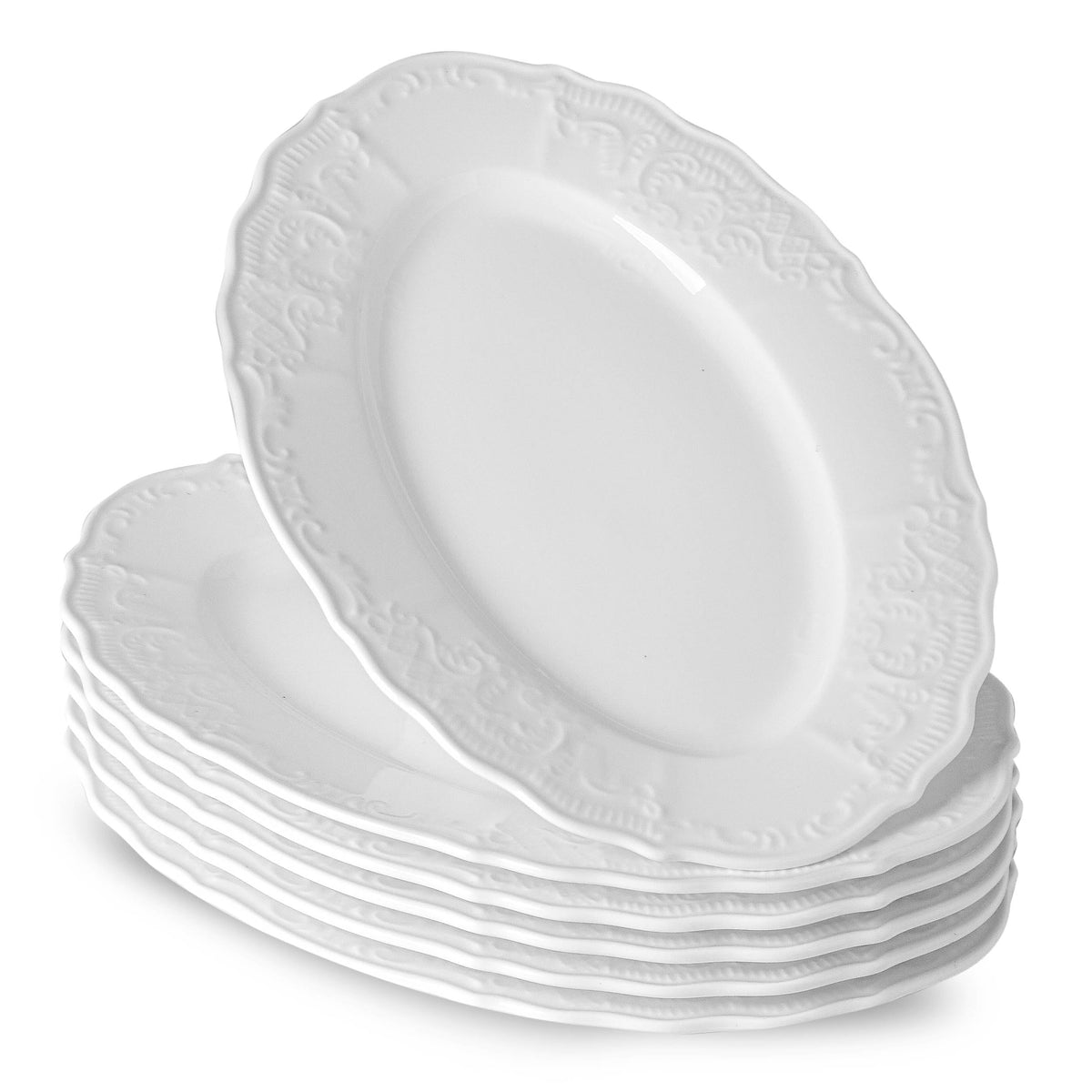 Neaylfe Ceramic Dinner Plates Set of 6, 10 inch Oval Embossed White Plates for Salad, Dessert, Appetizer, Steak, Large Flat Serving Plates for Kitchen, Restaurant, Parties