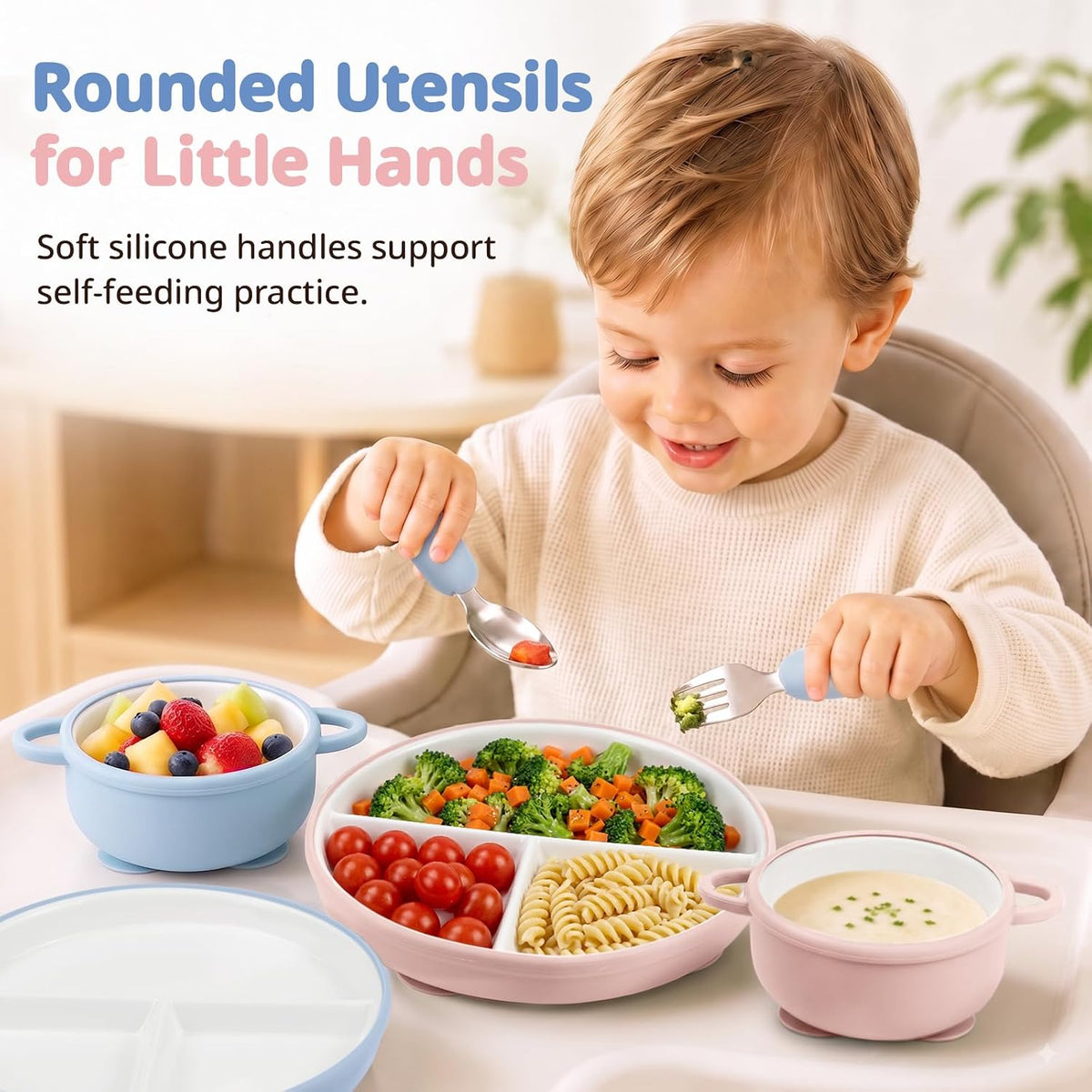 Daximo 8 Pcs Ceramic Baby Plates Set with Suction Sleeves, Spoons & Forks