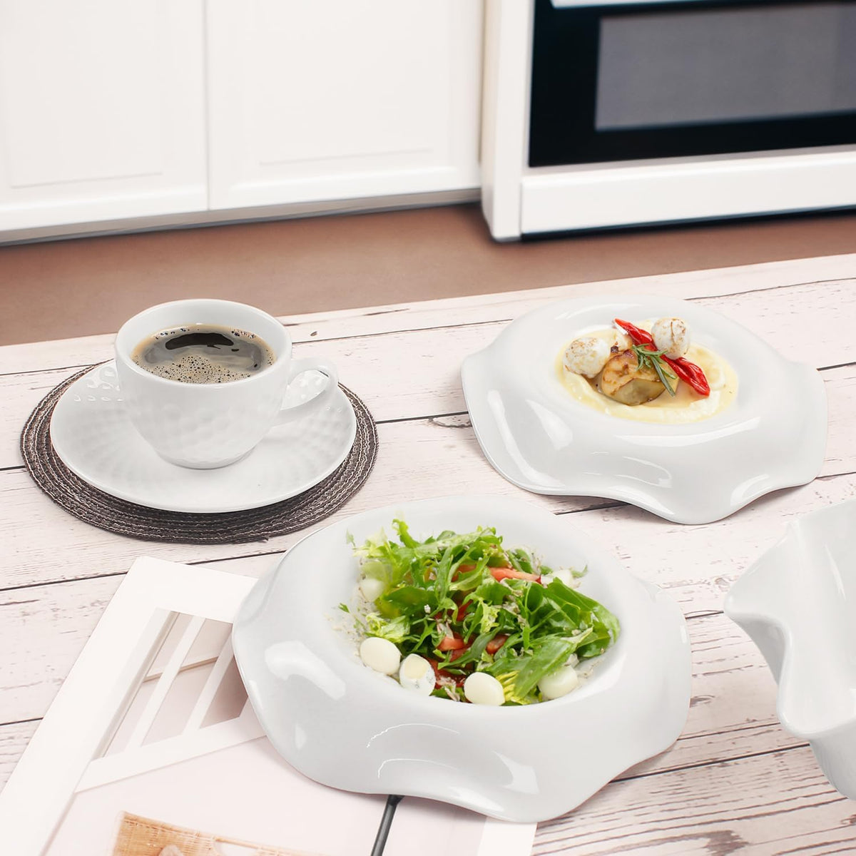 Soup Bowls, Pasta Bowls Rimmed Plates, White Salad Bowls Set of 2, Porcelain Wide Rim Bowls, 6 Oz, Microwave & Dishwasher Safe, Best for foodies and restaurants 8.3 Inch flanging