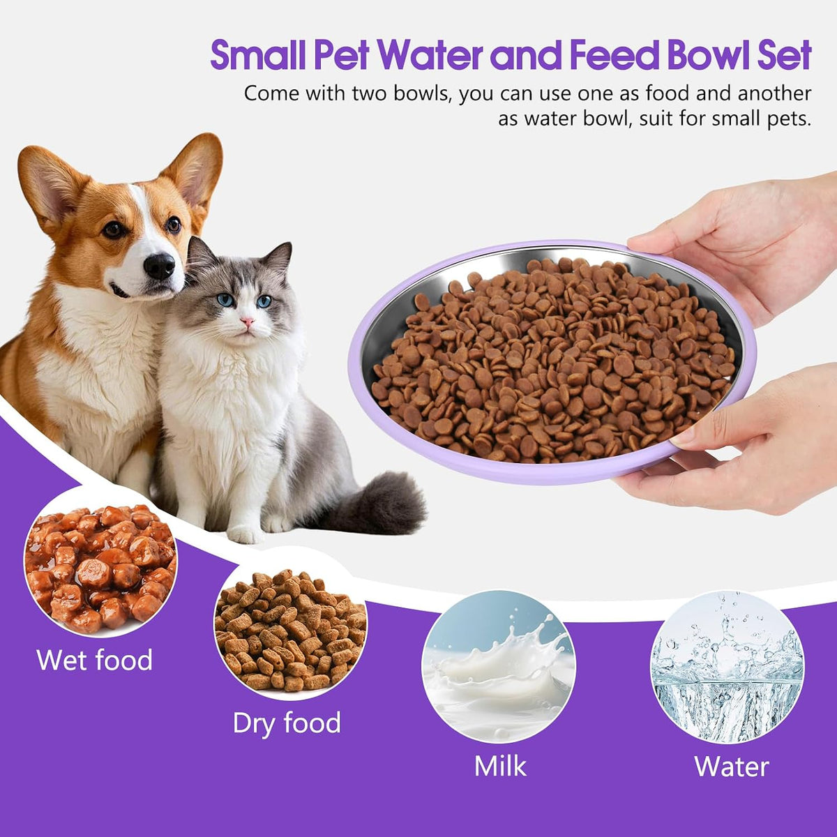 Yummy Sam 2 Pcs Whisker Fatigue Shallow Wide Cat Bowls Set, Purple Orange
