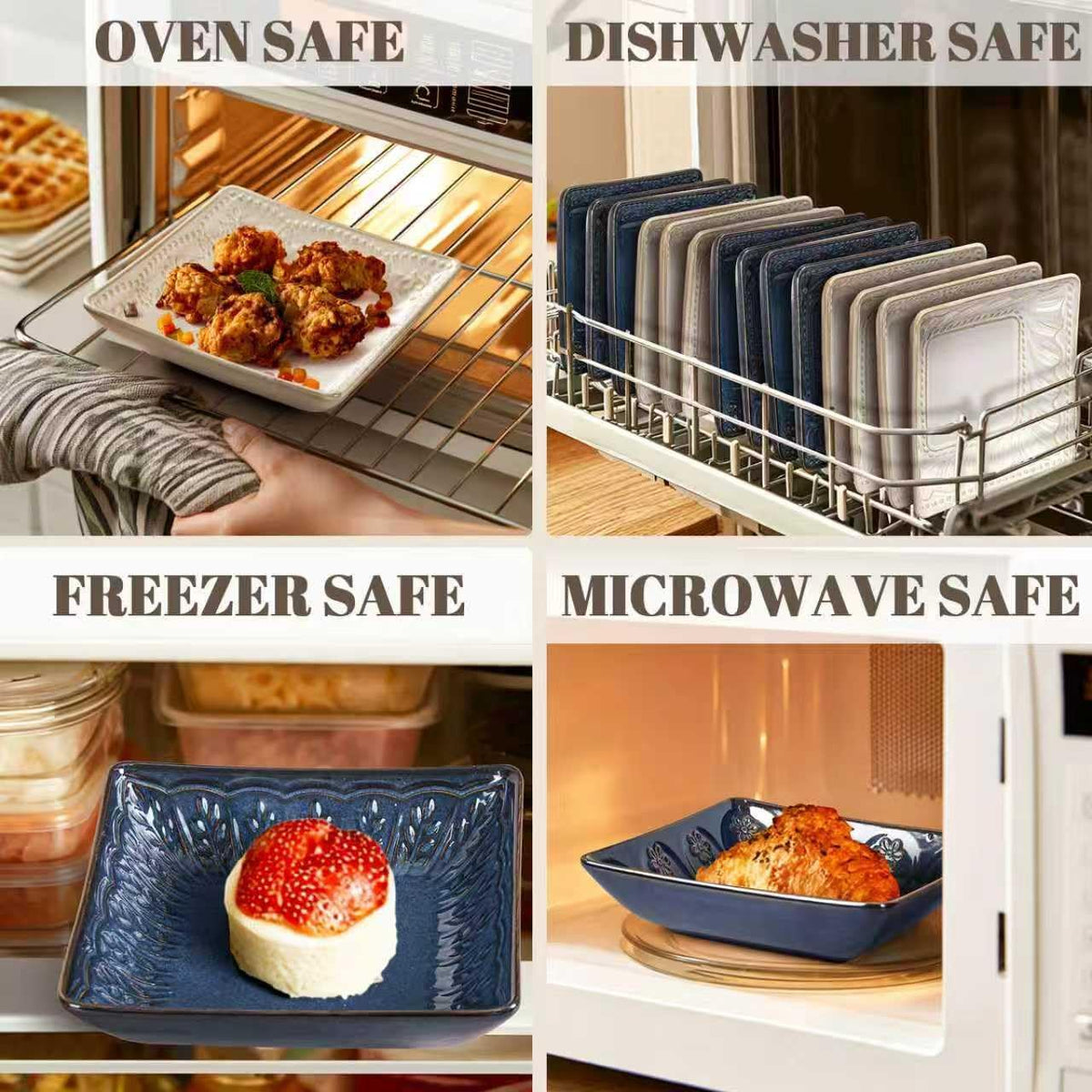 Artena Ceramic Square Dessert Plates Set of 4, 6 Inch Embossed Appetizer Plates for Snack, Bread, Sauce & Side Dish – Microwave & Dishwasher Safe, Scratch Resistant, White, Damask Floral