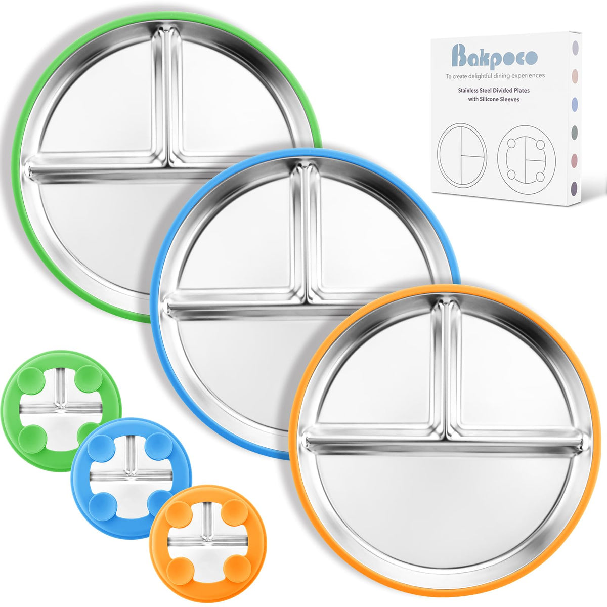 Bakpoco Stainless Steel Suction Plates for Toddlers, 8" Divided Kids Baby Plates with Removable Silicone Suction, Non Toxic Non Slip Portion Control Snack Dishes 3 Packs, Blue Gray Beige
