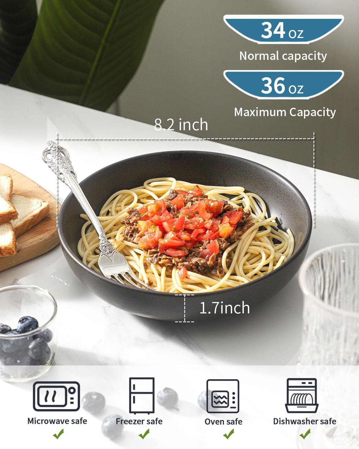 Stoneware Pasta Bowls, 34 oz Large Salad Bowl Set of 4, Ceramic Serving Bowls for Ramen, Pasta, Fruit, Cereal, Dinner, Wide and Shallow Bowls, Microwave & Dishwasher Safe, Matte Black