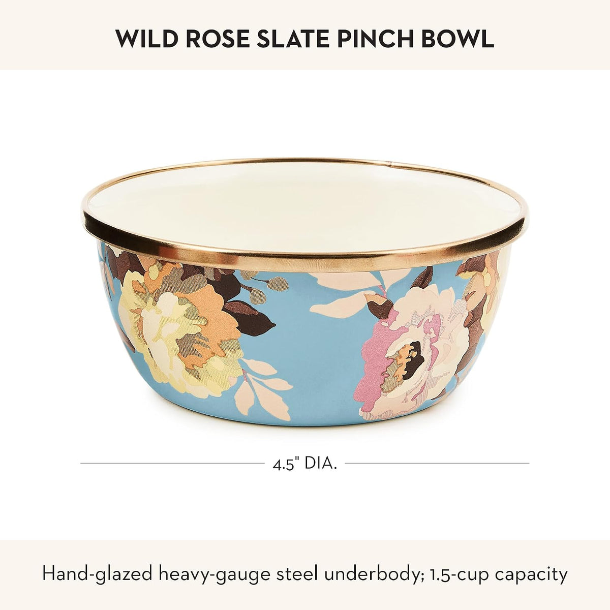 MACKENZIE-CHILDS Enamel Pinch Bowl, Small Bowl for Cooking Ingredients, 1.5-Cup Capacity, Wild Rose Slate