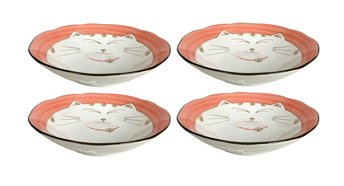 JapanBargain 2562, Japanese Porcelain Soup Bowls Shallow Bowl for Cereal Rice Salad Appetizer and Dessert, Blue Color Maneki Neko Smiling Lucky Cat Pattern, Made in Japan, 6-1/2 inch, Pack of 2