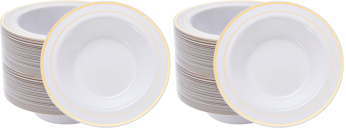 N9R 30PCS Disposable Plastic Soup Bowls, 12 oz Fancy White Gold Relief Bowl