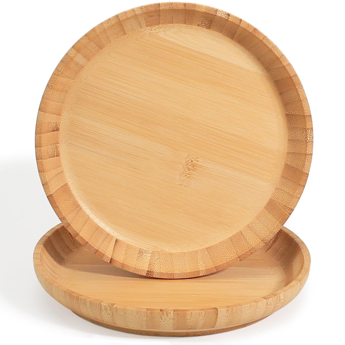 Bamboo Dinner Plates Set of 2, 7.5-inch Wooden Serving Plates with Raised Edges for Snack/Dessert, Round Lightweight Dishes Doubles as Pasta Bowls for Fruit/Salads, Wide and Shallow