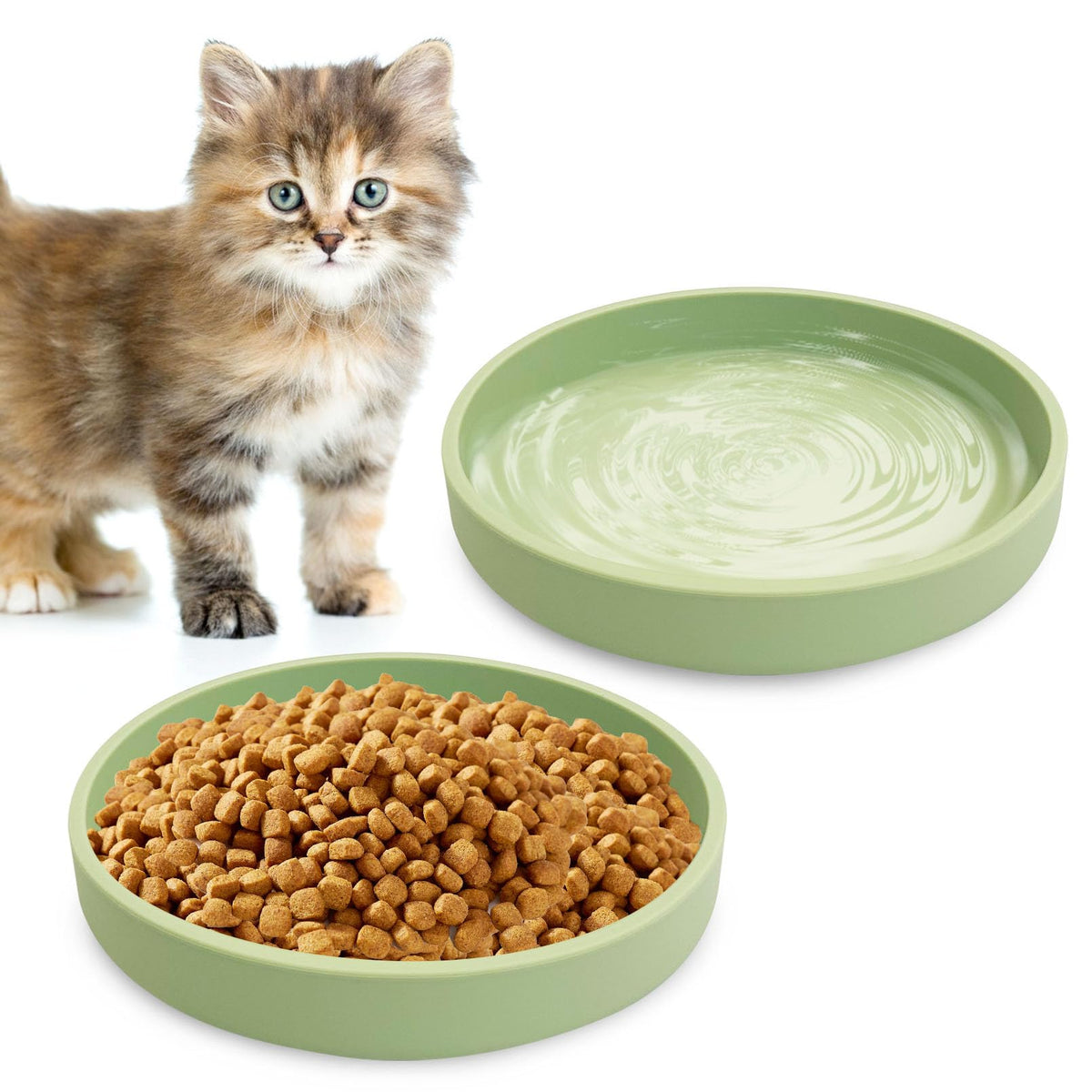 Silicone Cat Food Bowl Shallow Dishes 5.9in Wide Cats Bowls Set of 2 Kitty Plates Relief Whisker Fatigue Puppy Feeding Bowl for Dry Food and Wet Food Indoor (Round Green)
