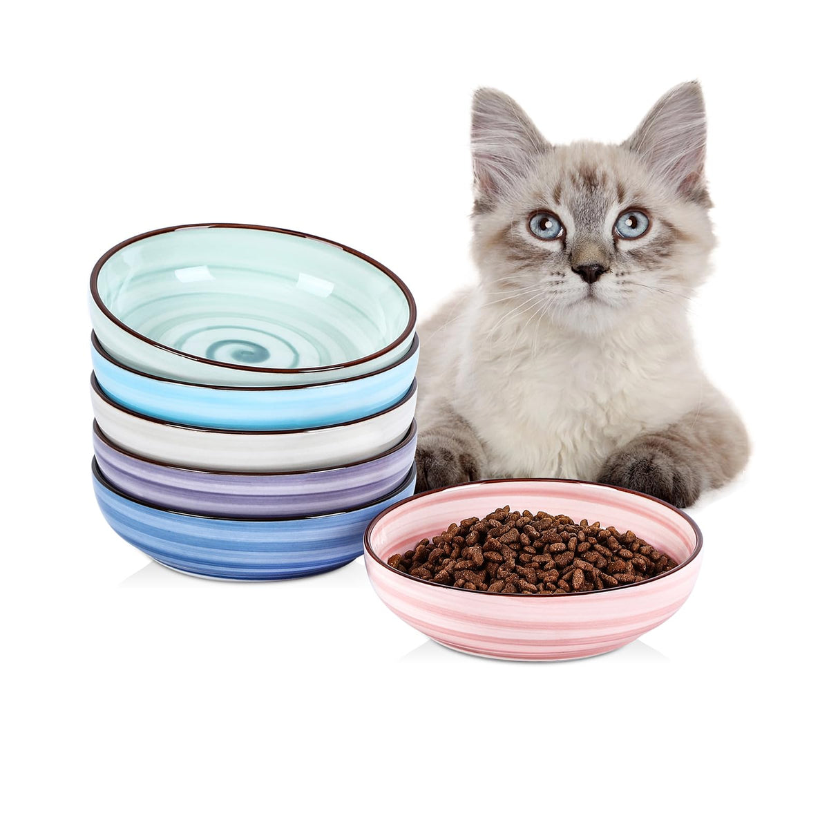Selamica Ceramic Cat Bowls Set of 6, 5.6 Inch Cat Food Bowl, Gradient Blue