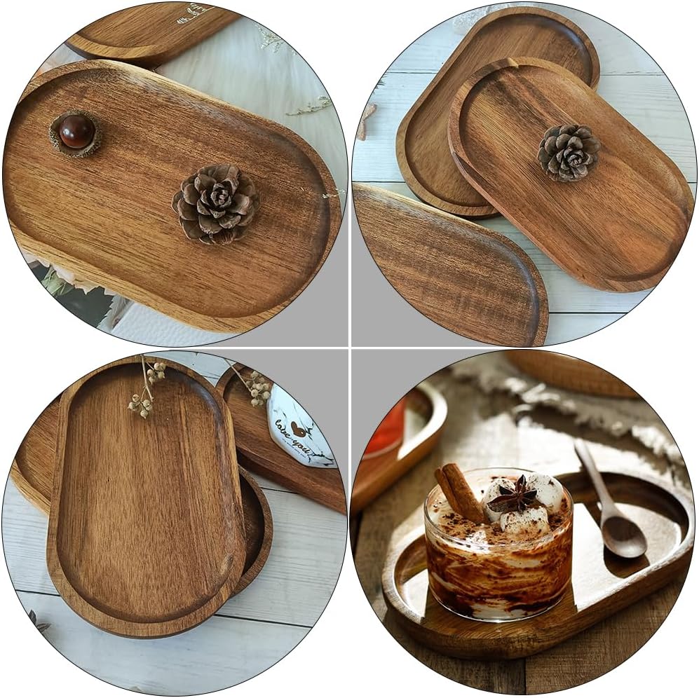OUNONA Wooden Serving Trays and Platters Set 7.87X4.64 Inch Oval Decorative Wood Tray for Food Display Snack Plates Dessert Serving Dish