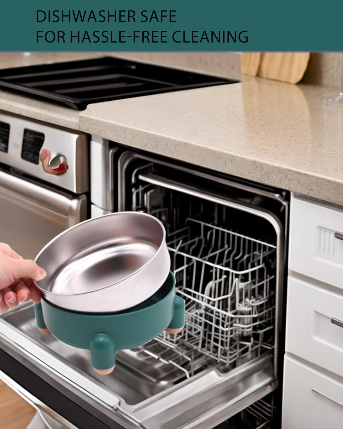 Elevated Cat Bowl Stainless Steel - Raised Cat Food Bowl, Anti Vomiting Whisker Friendly Shallow Dish, 3 Cups (24 oz) Non-Slip Dishwasher Safe for Indoor Cats Senior Kitten (Green, 1-Pack)