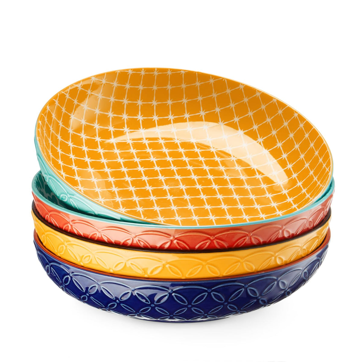 DOWAN 8.5" Vibrant Pasta, Salad & Soup Serving Bowls Set of 4, Embossed Large Porcelain Ceramic, Microwave, Oven & Dishwasher Safe, Bonita Design Perfect for Daily Dining, Family Gatherings, Party