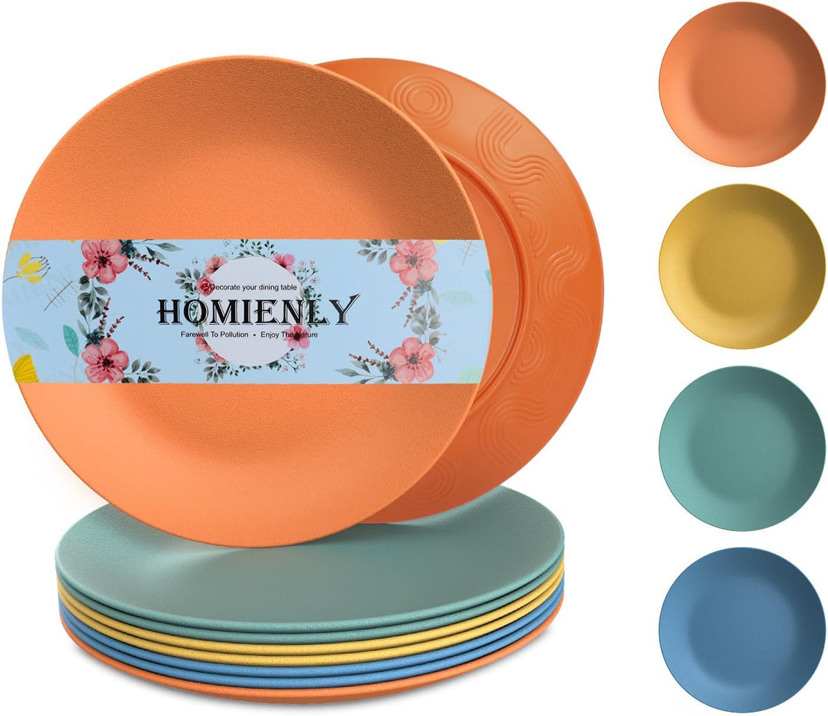 Homienly Wheat Straw Plates Unbreakable Flat Salad Plates Set of 8 Reusable Dinner Plate for Kitchen, Camping, RV, Microwave and Dishwasher Safe Plate Heavy Duty Paper Plates Alternative (Multi, 9in)