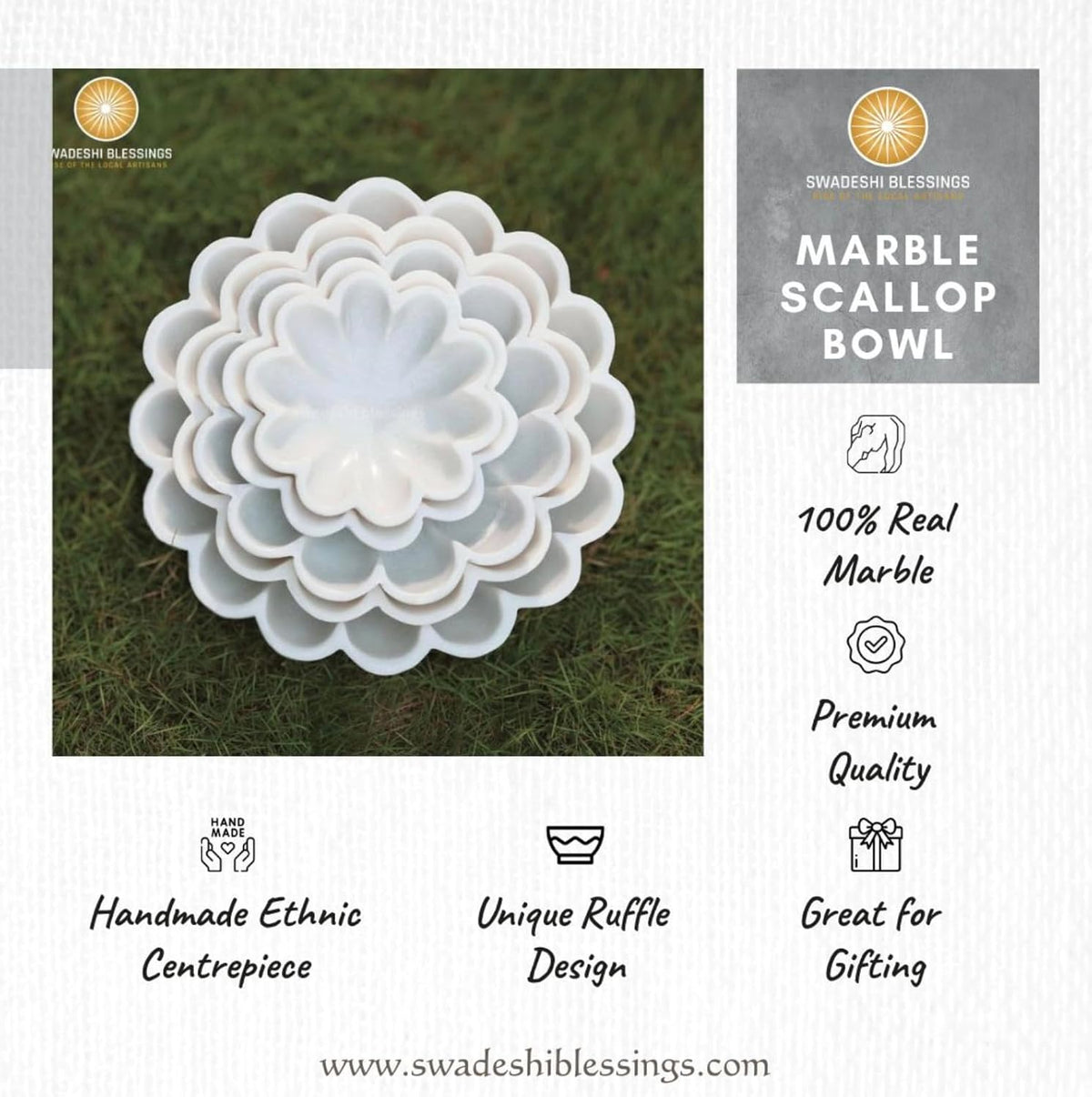 SWADESHI BLESSINGS HandCrafted Marble Scalloped Bowl for Home Decor, 7"