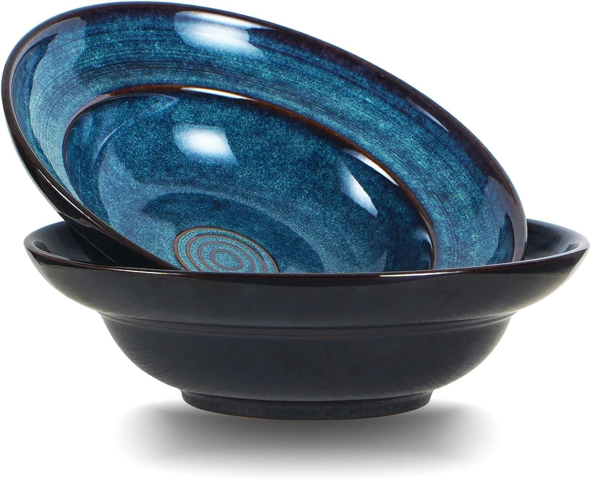 Ceramic Pasta Salad bowl, 10" Wide Rim Soup Bowls, 48oz Deep Porcelain Pasta Plate,Set of 2,Large Serving Bowls for Kitchen,Microwave Safe(Starry Blue)