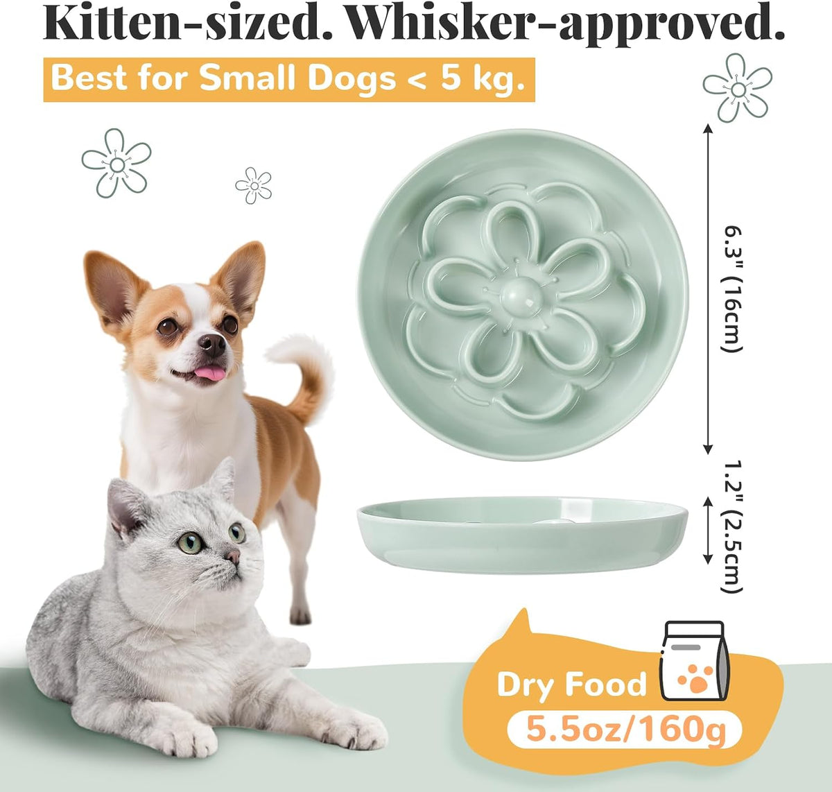 Melamine Cat Slow Feeder Bowl Set - Floral Maze Food Dishes for Cats and Small Dogs - Shallow Wide Plates for Dry & Wet Food - 3 Pack - White & Green & Blue