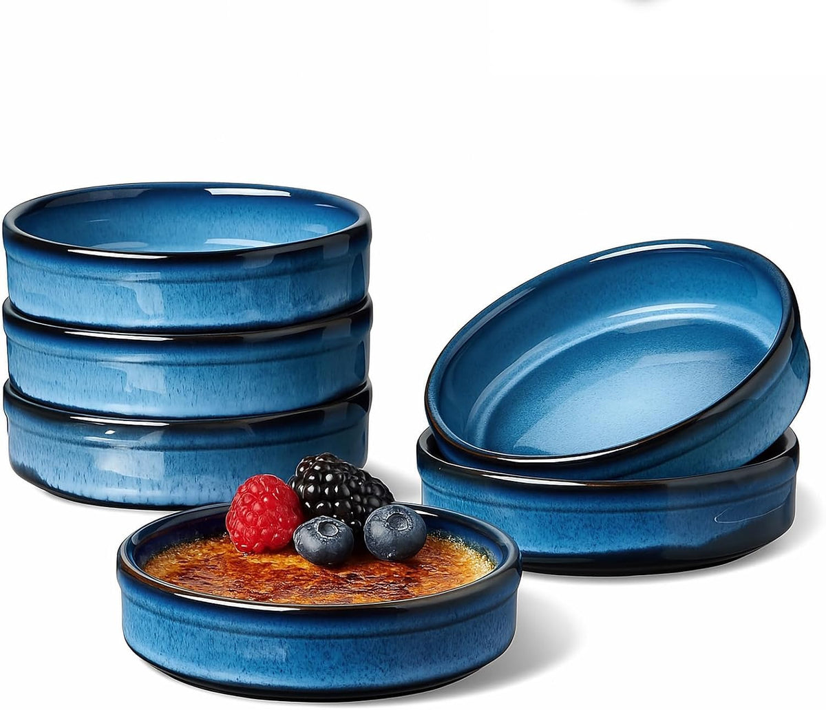ONEMORE 4 oz Ramekins Oven Safe, Ceramic Ramekins for Creme Brulee, Custard, Pudding, Souffle, Blue Shallow Ramekin Dishes, Small Porcelain Ramekin Set of 6 for Baking & Serving