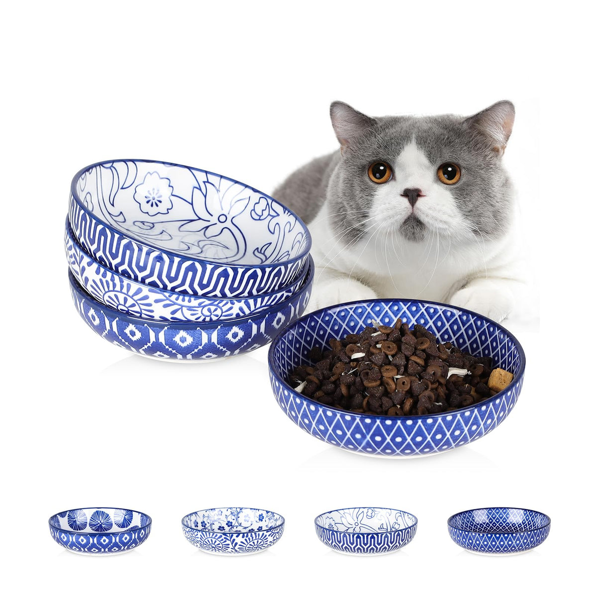 Selamica Ceramic Cat Bowls Set of 6, 5.6 Inch Cat Food Bowl, Gradient Blue