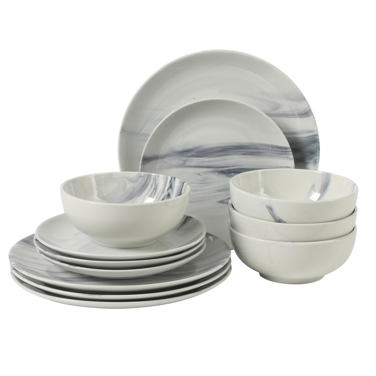 Gibson Home Cloudlight 12 Piece Plates and Bowls Dishes Brown and White - Decorated Porcelain Ceramic Dinnerware Set - Service for 4