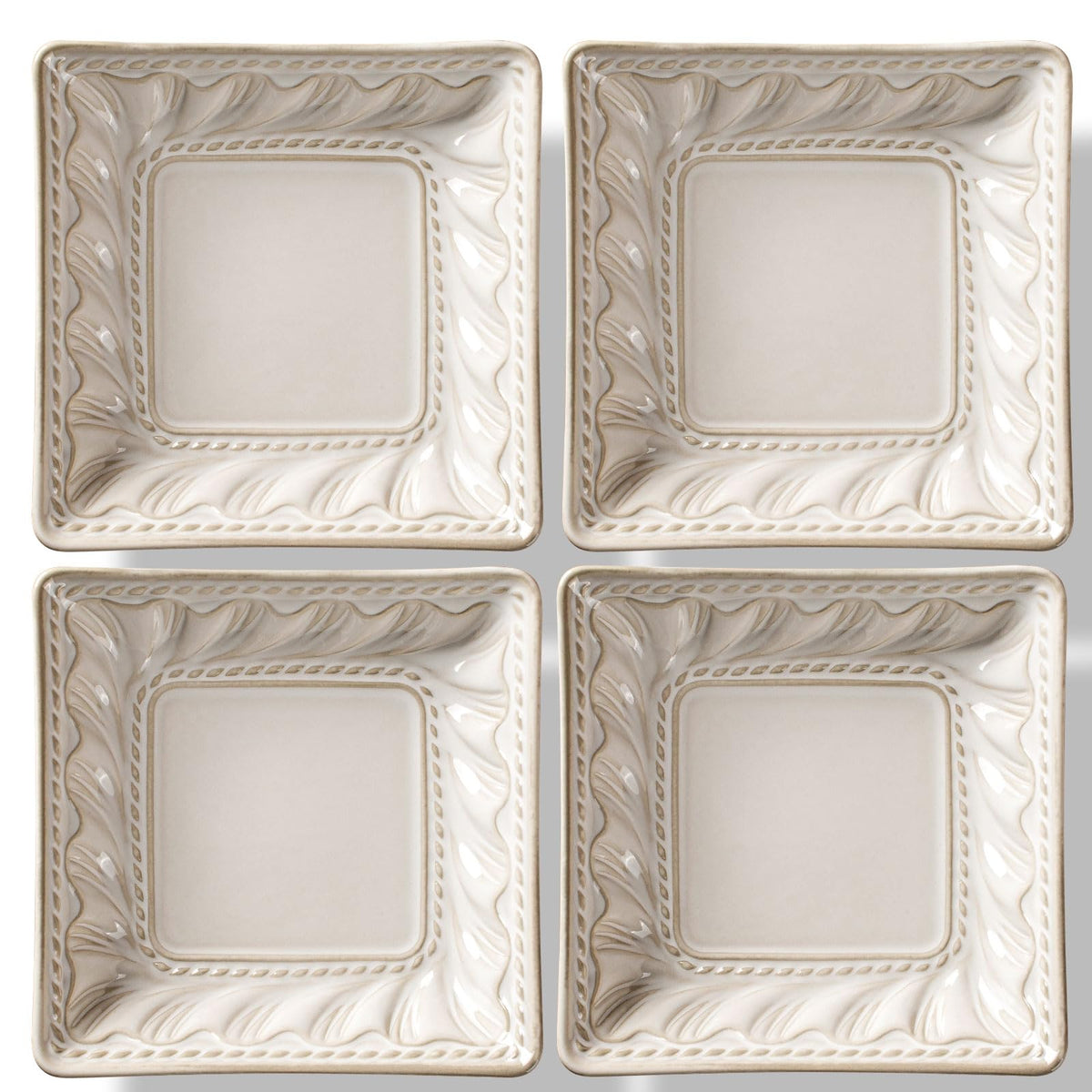 Artena Ceramic Square Dessert Plates Set of 4, 6 Inch Embossed Appetizer Plates for Snack, Bread, Sauce & Side Dish – Microwave & Dishwasher Safe, Scratch Resistant, White, Damask Floral