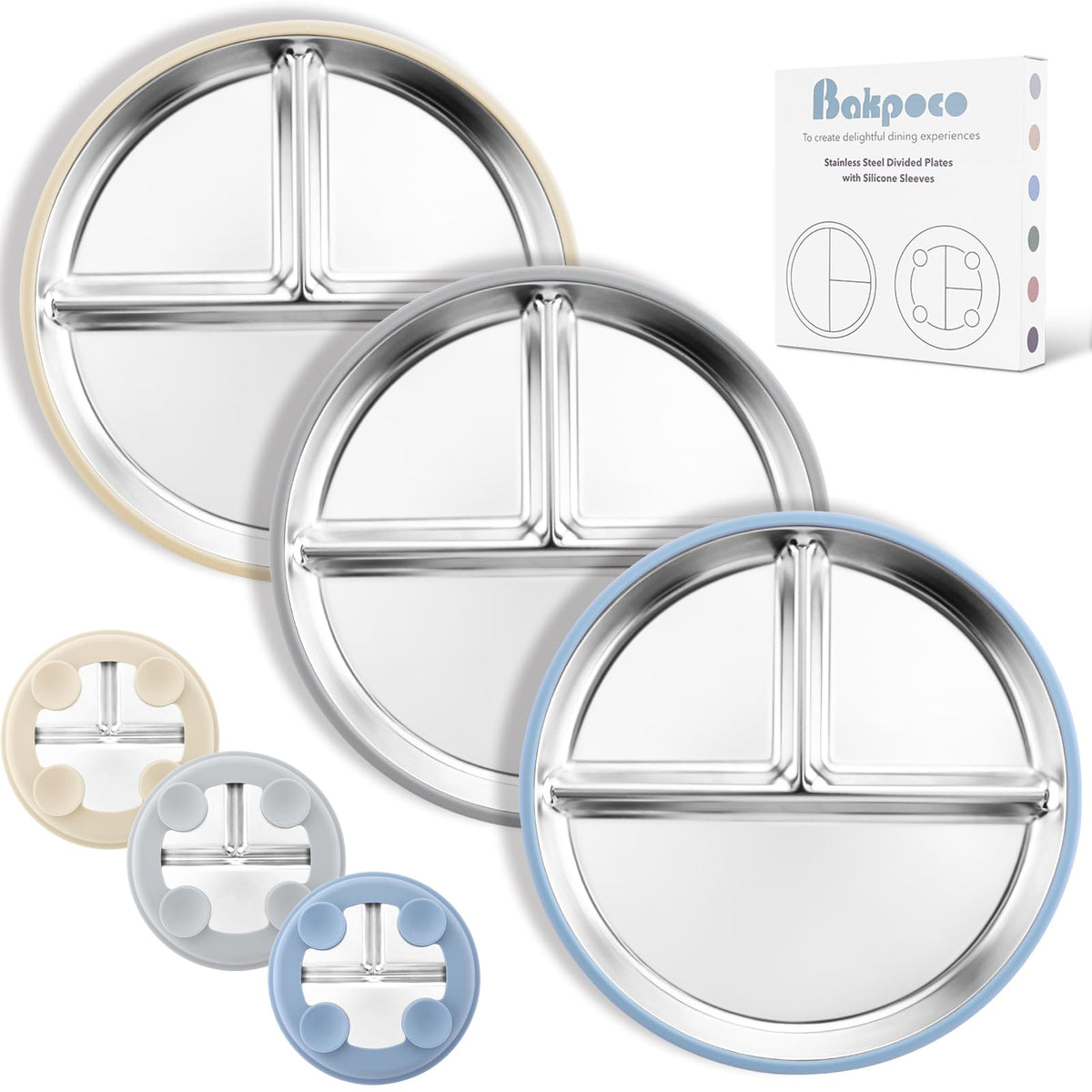Bakpoco Stainless Steel Suction Plates for Toddlers, 8" Divided Kids Baby Plates with Removable Silicone Suction, Non Toxic Non Slip Portion Control Snack Dishes 3 Packs, Blue Gray Beige