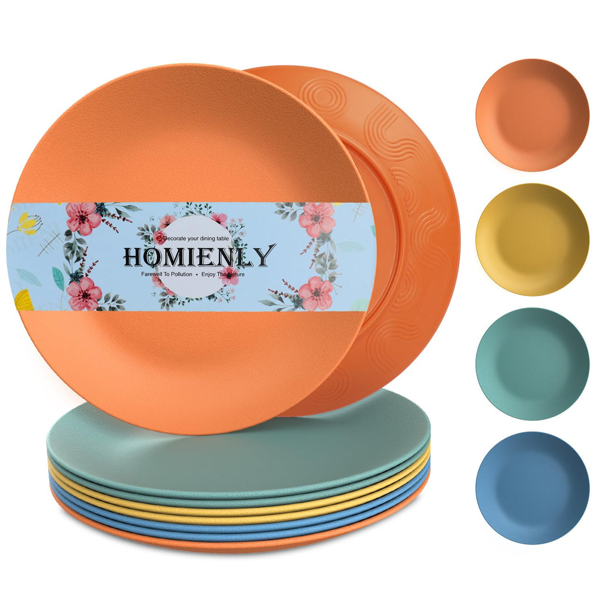 Homienly Wheat Straw Plates Unbreakable Flat Salad Plates Set of 8 Reusable Dinner Plate for Kitchen, Camping, RV, Microwave and Dishwasher Safe Plate Heavy Duty Paper Plates Alternative (Multi, 9in)