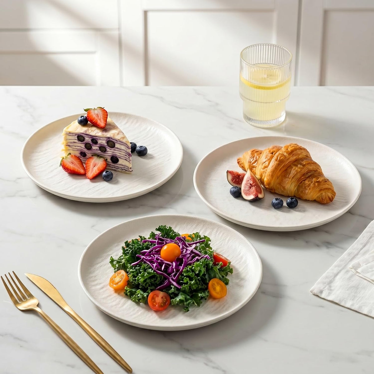 Matte White Salad Plates Set of 4, 8 Inch Stoneware Dessert Plates