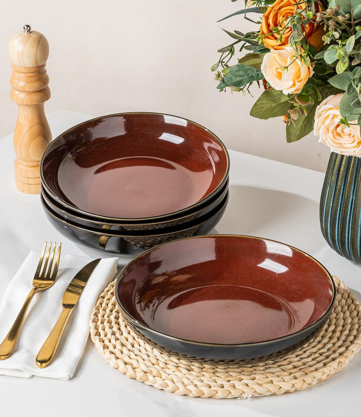 LERATIO 9.0" Ceramic Pasta Bowls Set of 4,38oz Large Stoneware Bowls Set