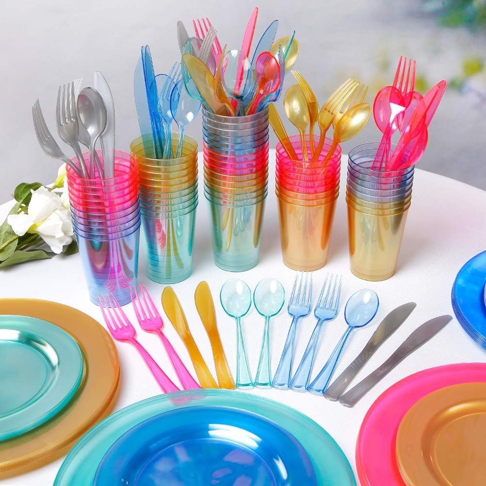 WDF 25 Guest Green Plastic Plates with Disposable Silverware&Green Cups-Neon Clear Plastic Dinnerware include 25 Dinner & Salad Plates,25 Forks, 25 Knives, 25 Spoons,25 Cups for Party
