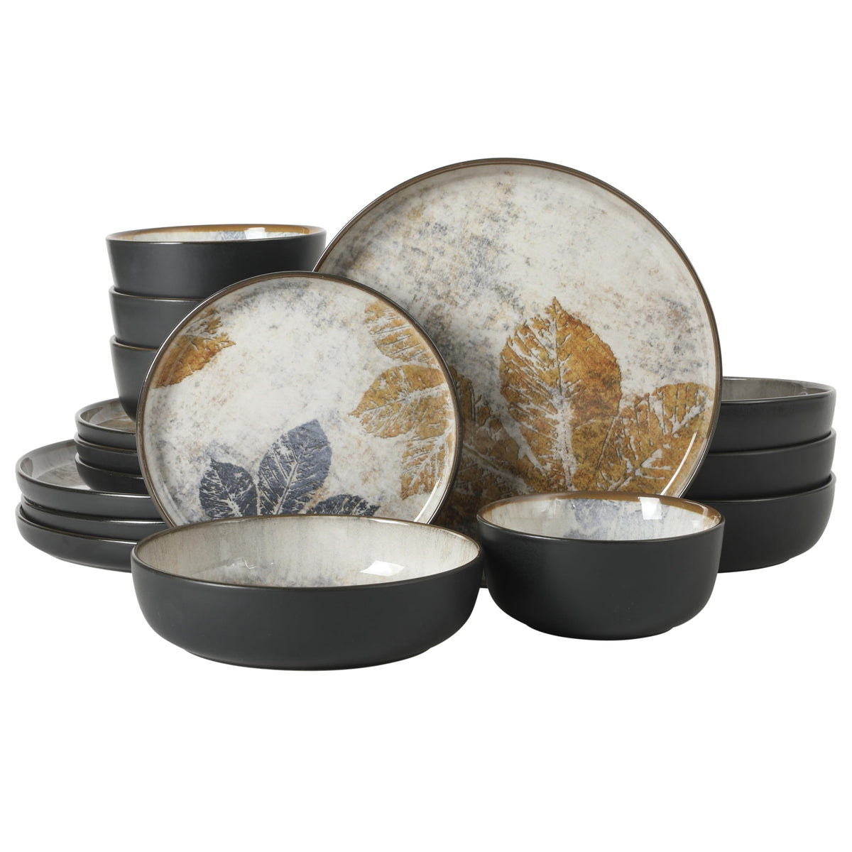 Gibson Elite Tribeca Loft 16-Piece Dinnerware Set – Matte Black and Blue Reactive Glaze Stoneware, Double Bowl Round Plates and Bowls – Modern Rustic Dinnerware for 4, Dishwasher & Microwave Safe
