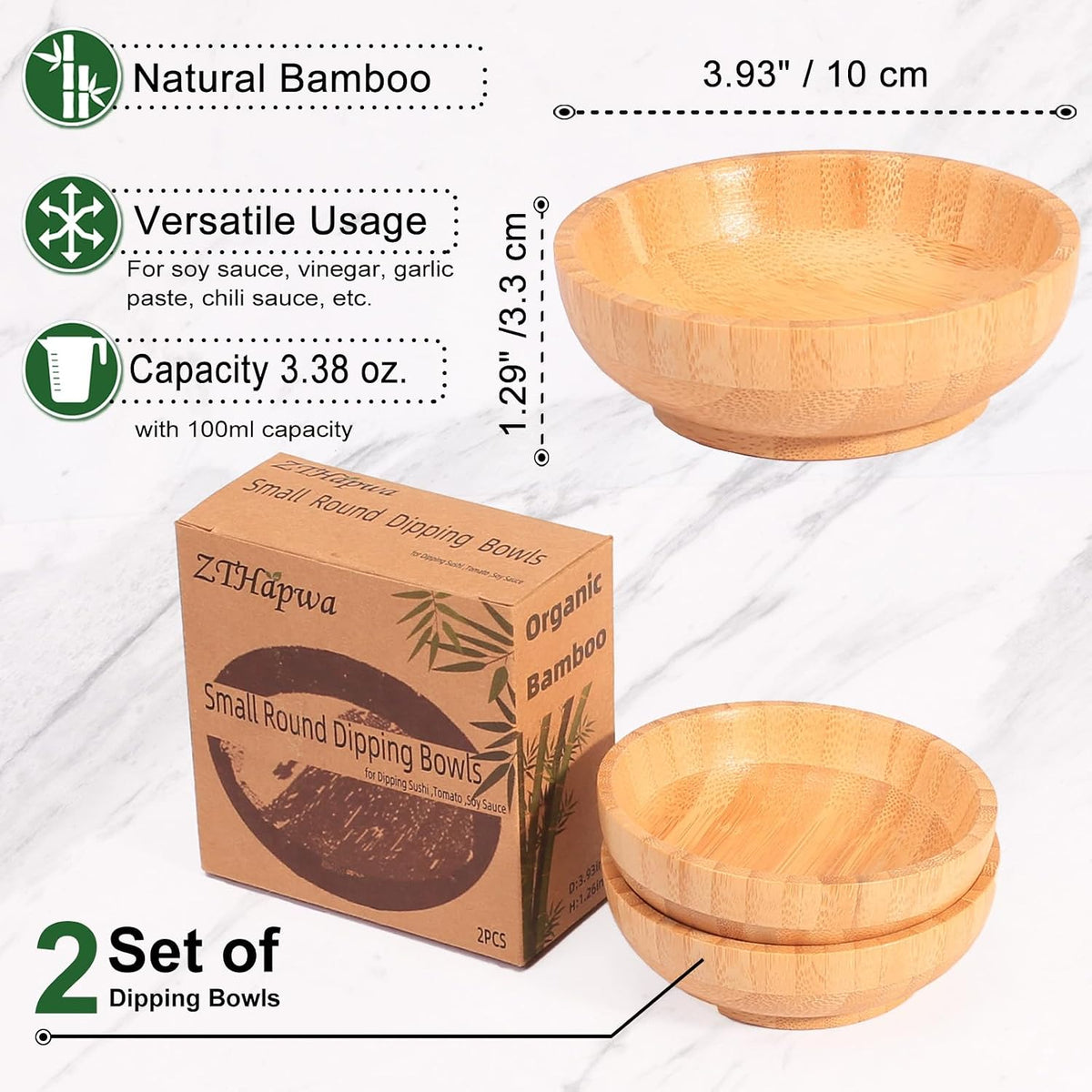 Small Bamboo Wooden Bowls Set of 2, Round Shallow Serving Bowls for Charcuterie/Fruit/Candy, 4 Inch Handmade Dipping Dishes for Spice/Salsa/Tomato Sauce