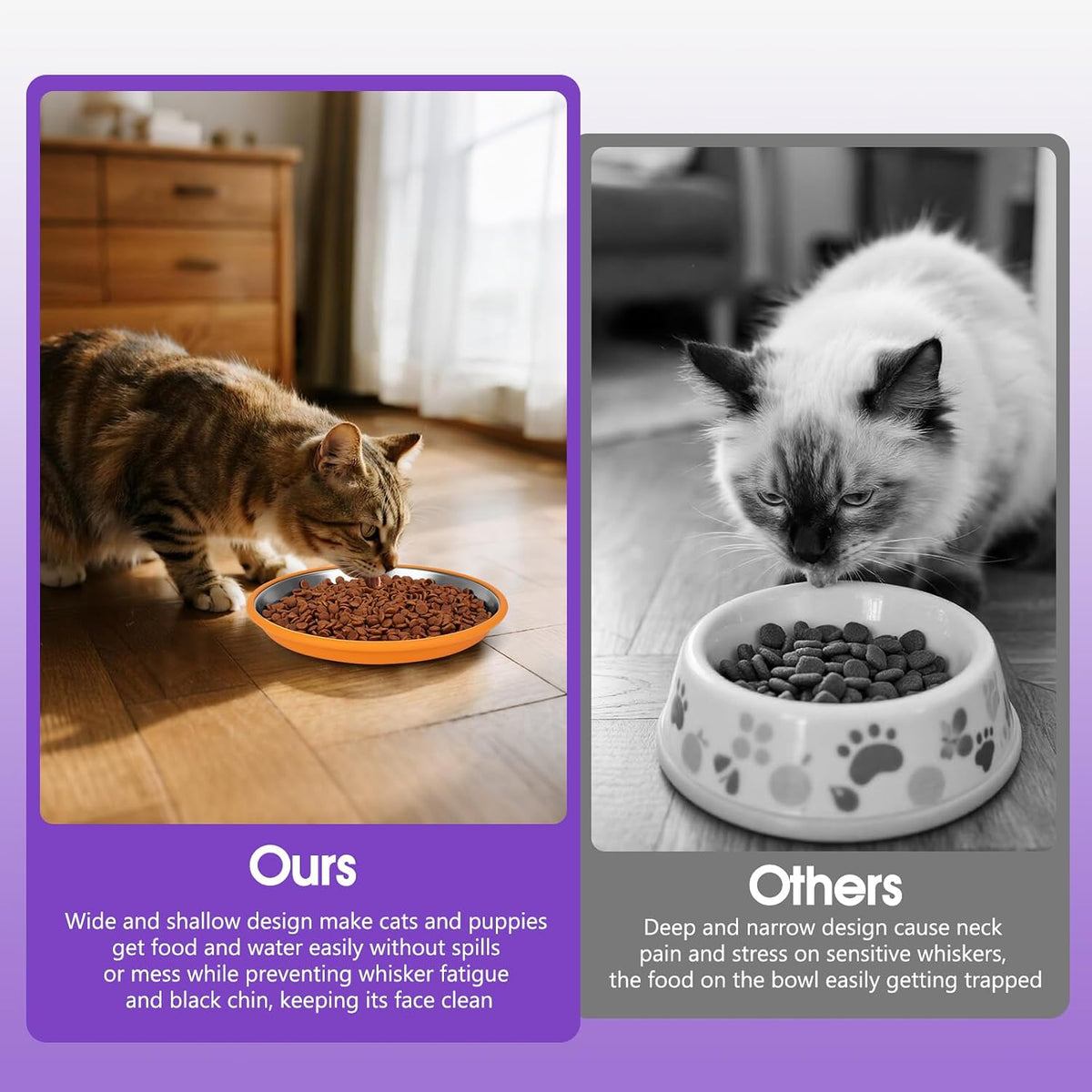 Yummy Sam 2 Pcs Whisker Fatigue Shallow Wide Cat Bowls Set, Purple Orange