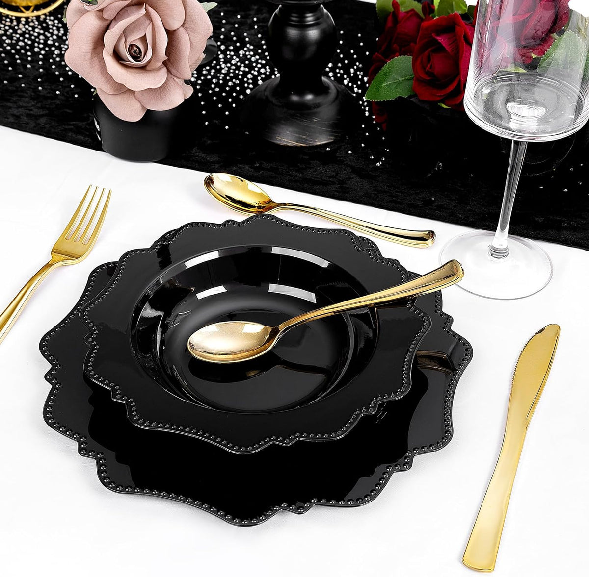 COLOSUS 60PCS Black Plastic Soup Bowls, 12oz Elegant Pearl Dessert Bowls.