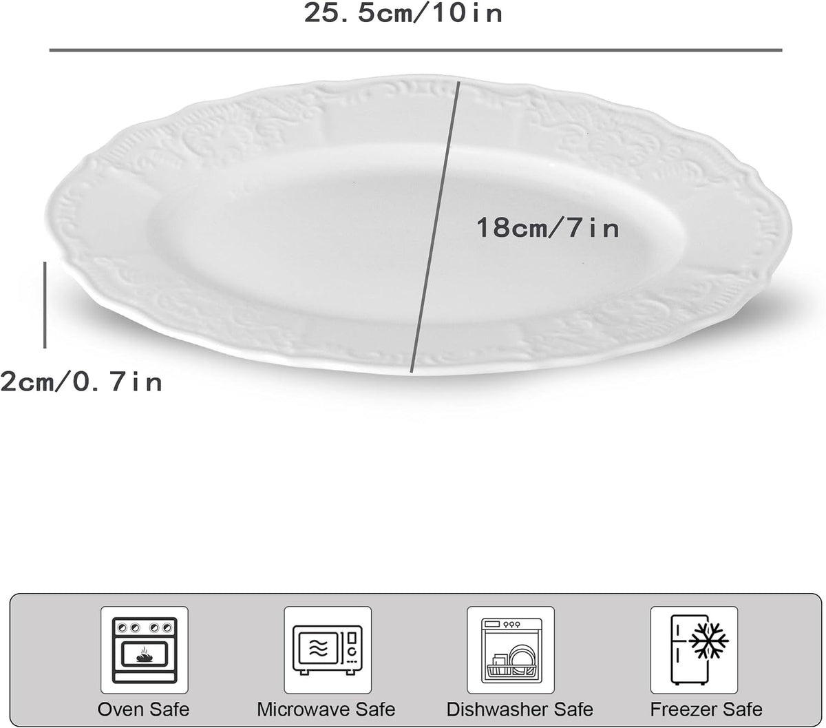 Neaylfe Ceramic Dinner Plates Set of 6, 10 inch Oval Embossed White Plates for Salad, Dessert, Appetizer, Steak, Large Flat Serving Plates for Kitchen, Restaurant, Parties