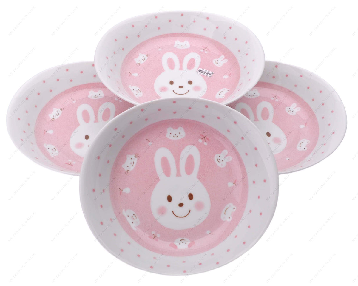 M.V. Trading MV0314A1PK Japanese Oval Deep Soup Dish with Bunny Design, 7¾ x 7-Inch, Pink, Sold as 4 Plates