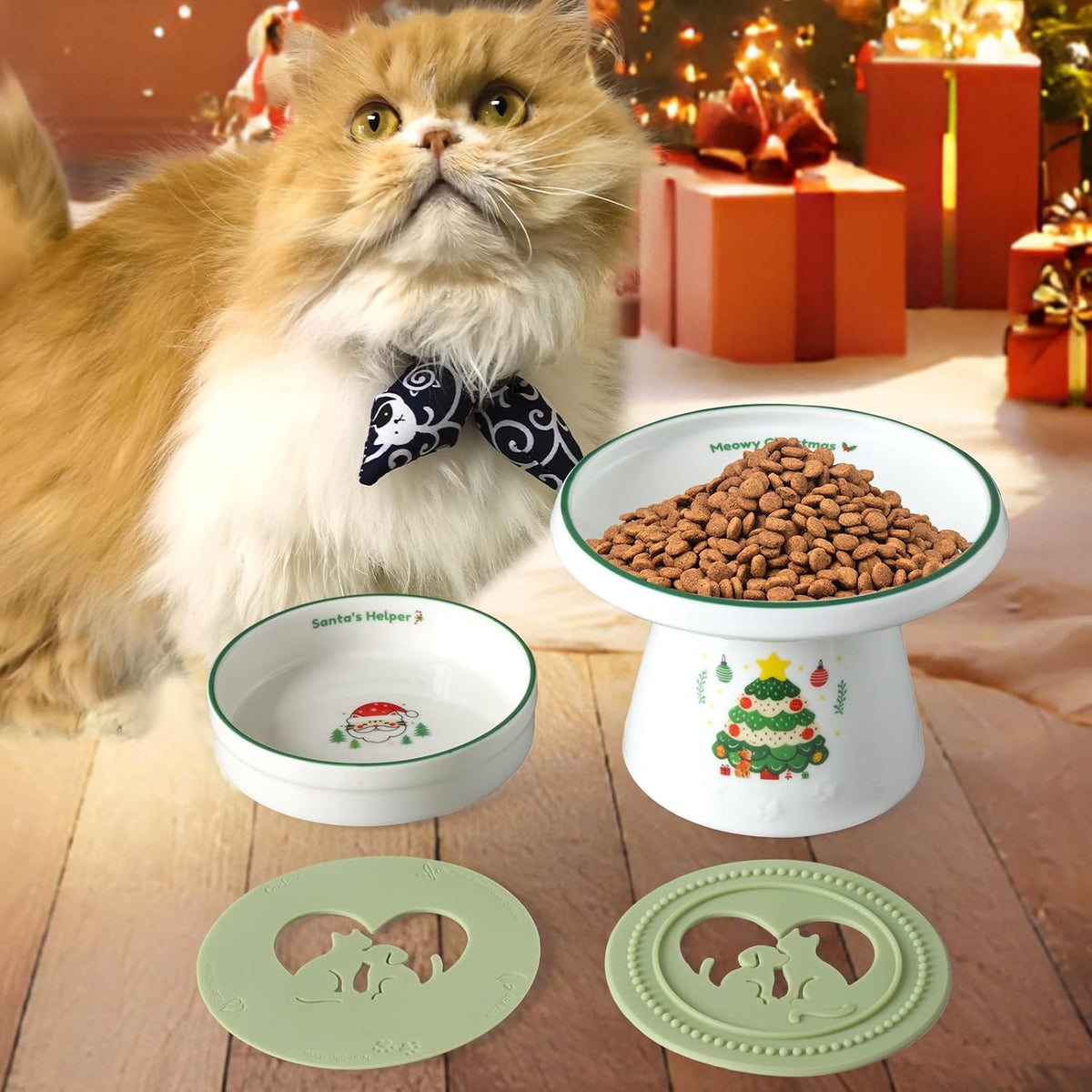 Cinf Ceramic Set of 2 Pet Raised Footed & Snack Bowl with Funny Christmas Design and Non-Slip Silicone Pads