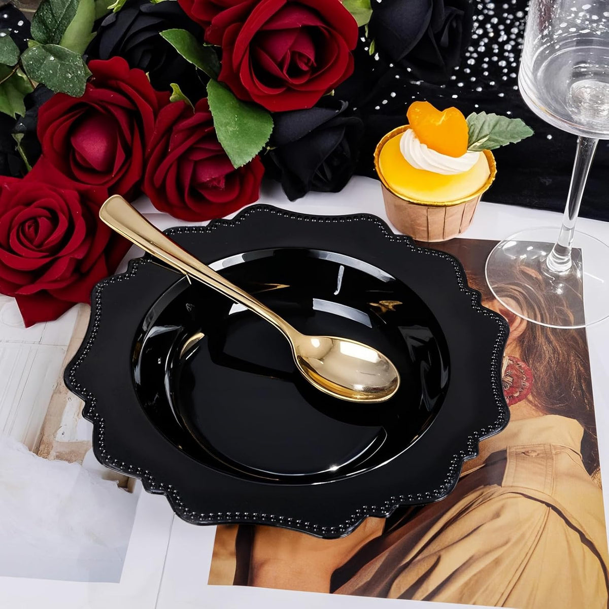 COLOSUS 60PCS Black Plastic Soup Bowls, 12oz Elegant Pearl Dessert Bowls.