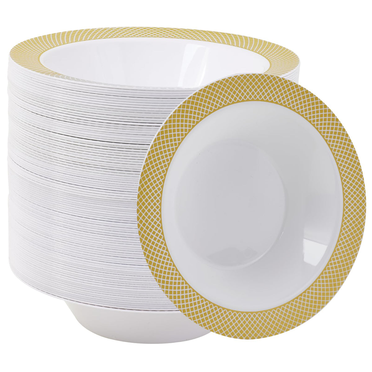 JOLLY CHEF Plastic Bowls with Gold Grid Rim Disposable 12oz Bolws 50Pack